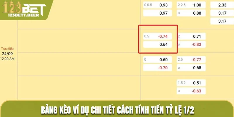Bảng kèo ví dụ chi tiết cách tính tiền tỷ lệ 1/2